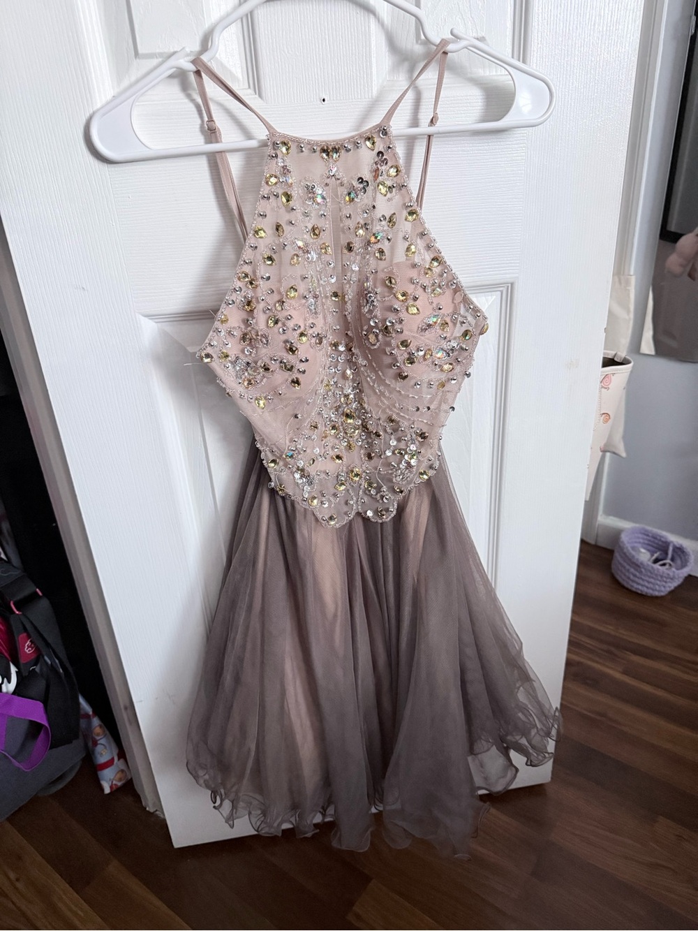 Girls Embellished Halter Bodice Tulle Dress in Blush and Taupe